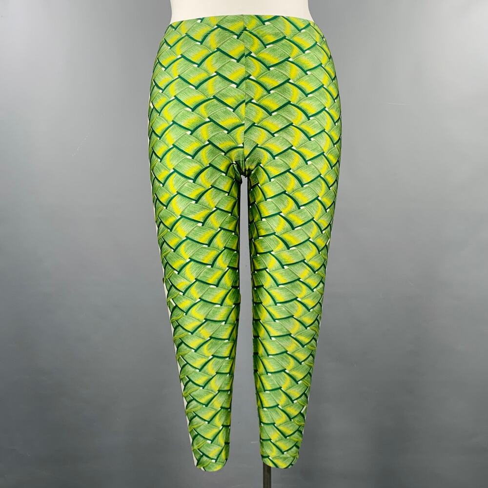 HERMES Size 10 Green Yellow Lycra Woven Elastic Waistband Leggings
